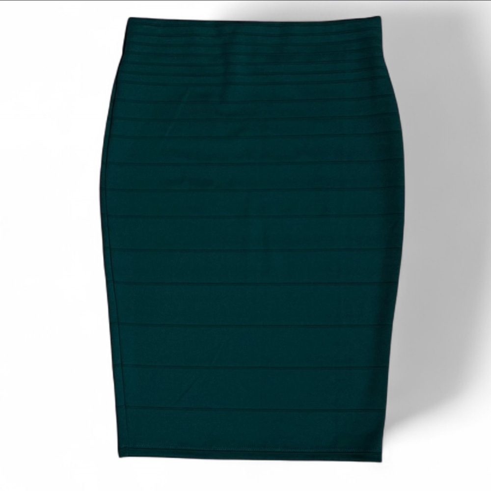 Olivia Blu Teal Green Bandage Pencil Skirt Ribbed Bodycon Career Size Medium - Picture 2 of 5